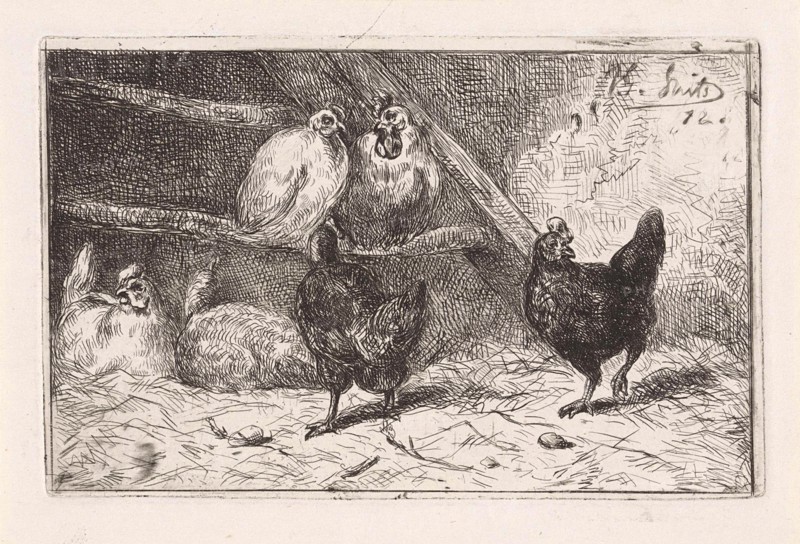 Cock and five chickens in a henhouse, two of them perching, two black chickens scratching around, print maker: Jan Gerard Smits (mentioned on object), Dating 1872