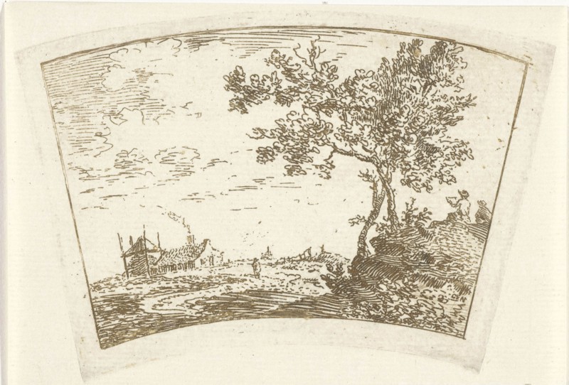 Landscape with a farm and a haystack left and right two figures on a hill, print maker: Cornelis van Noorde (mentioned on object), Dating 1741 - 1795