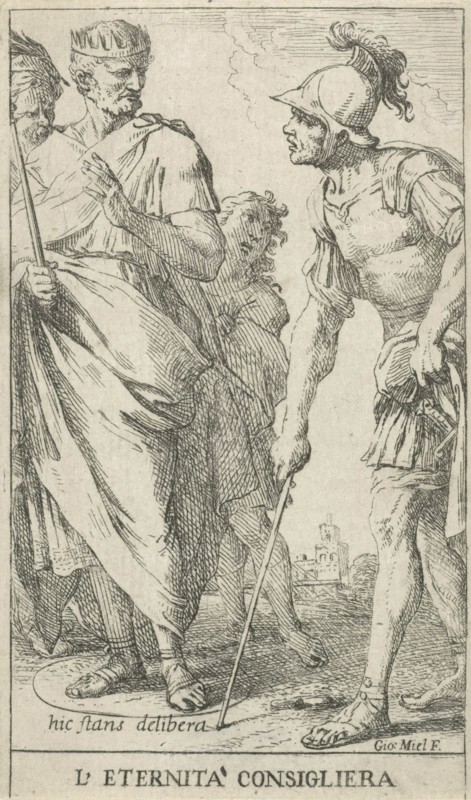 Roman consul Popilius Laenas draws a circle in the sand at the feet of King Antiochus IV Epiphanes, print maker: Jan Miel (mentioned on object), Dating 1633 - 1664