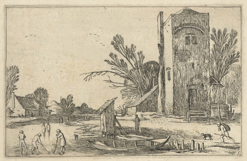 Square tower at a frozen river with flask players, Esaias van de Velde, 1614
