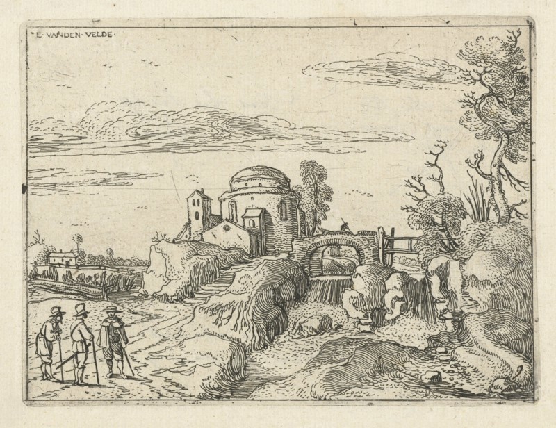 Bridge over waterfall next round building with a dome, Esaias van de Velde, 1615