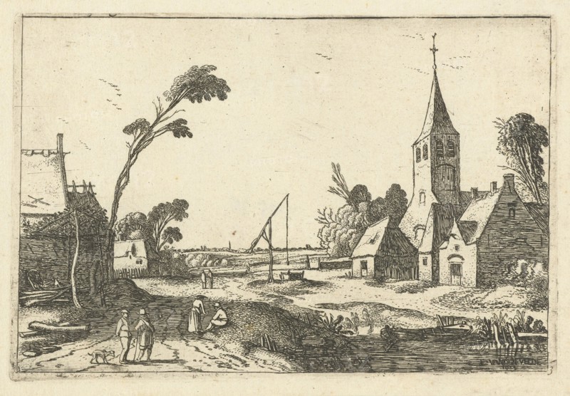 Village view with farms, church and well, print maker: Esaias van de Velde, Esaias van de Velde, 1614