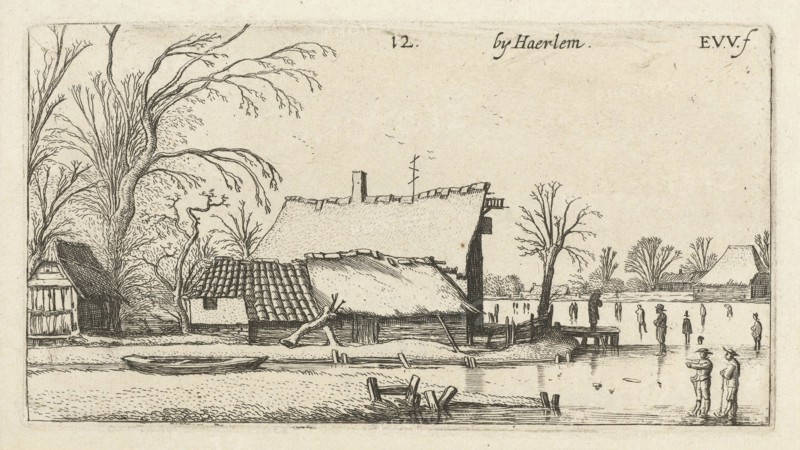 Farm in a frozen river with skaters, Esaias van de Velde, 1616