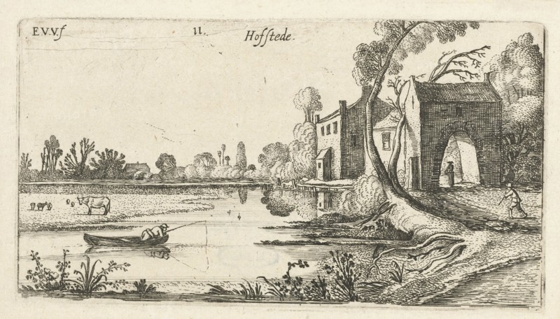 Landscape with a River and gatehouse, print maker: Esaias van de Velde, 1613 - 1617