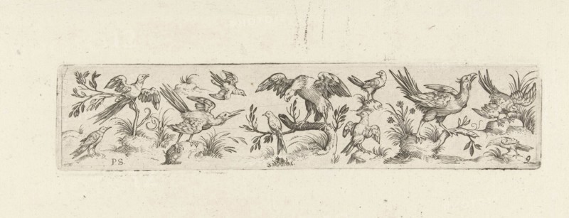 Frieze with eleven birds, in the middle is a large bird on a branch, print maker: Pieter Serwouters, Hans Collaert I, Marcus Geeraerts, c. 1607