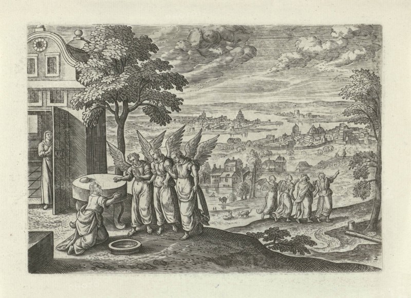 Landscape with Abraham and the Three Angels, Julius Goltzius, Hans Bol, J. Janssonius, c. 1560 - 1595