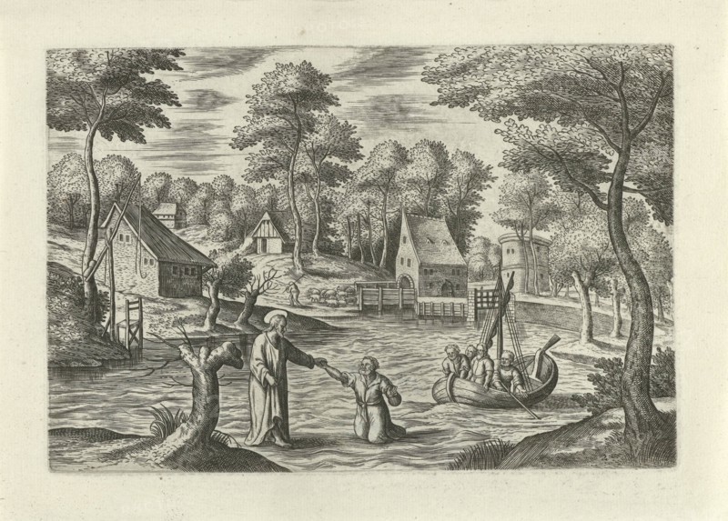 Landscape with Christ walking on the water, Julius Goltzius, Hans Bol, J. Janssonius, c. 1560 - 1595