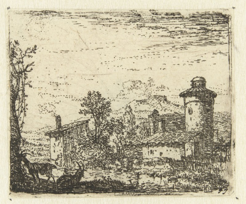 Italianate landscape with round tower and two goats, Karel Dujardin, 1652 - 1659