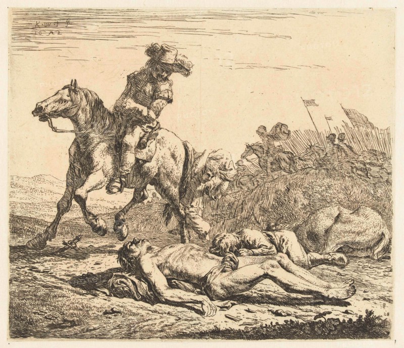 Battlefield soldier on horseback and two deaths, print maker: Karel Dujardin, 1652