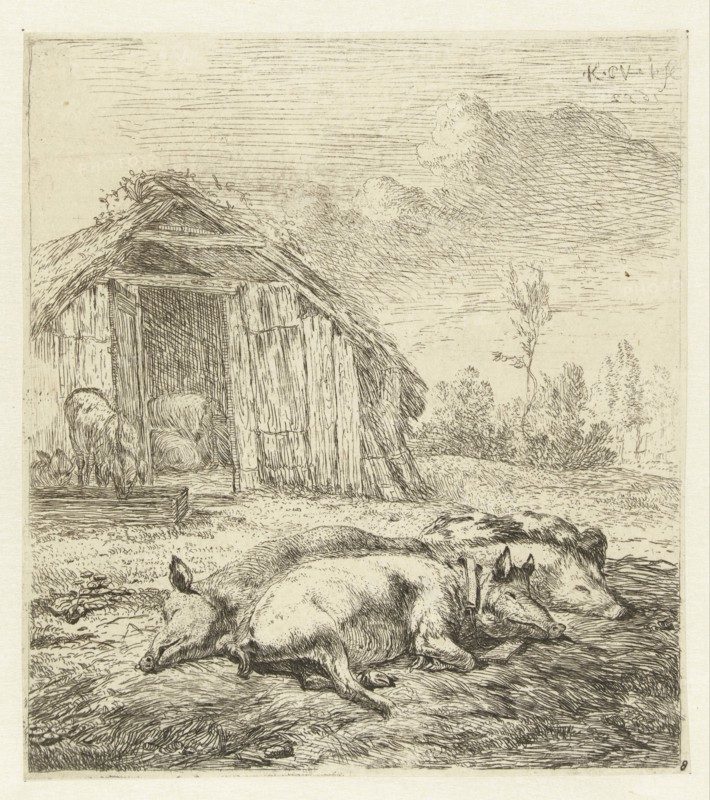 Three pigs, print maker: Karel Dujardin, Karel Dujardin, 1652