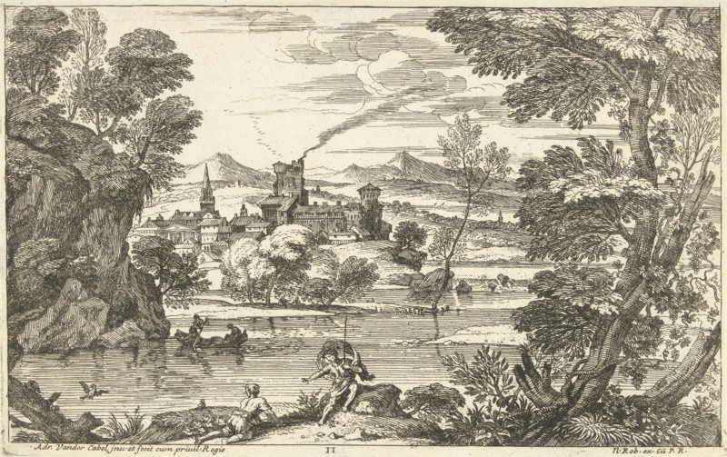 Landscape with man waving mantle, Adriaen van der Kabel, 1648 - 1705