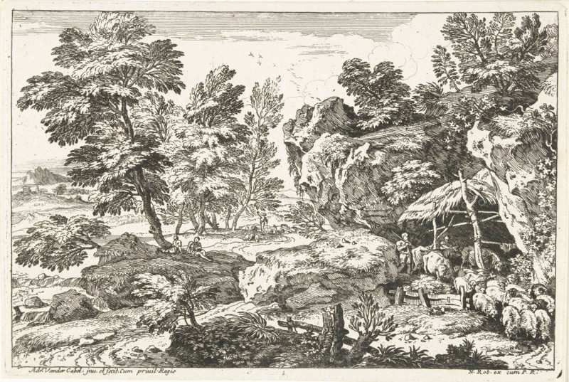 Landscape with sheepfold, print maker: Adriaen van der Kabel, N. Robert, 1648 - 1705