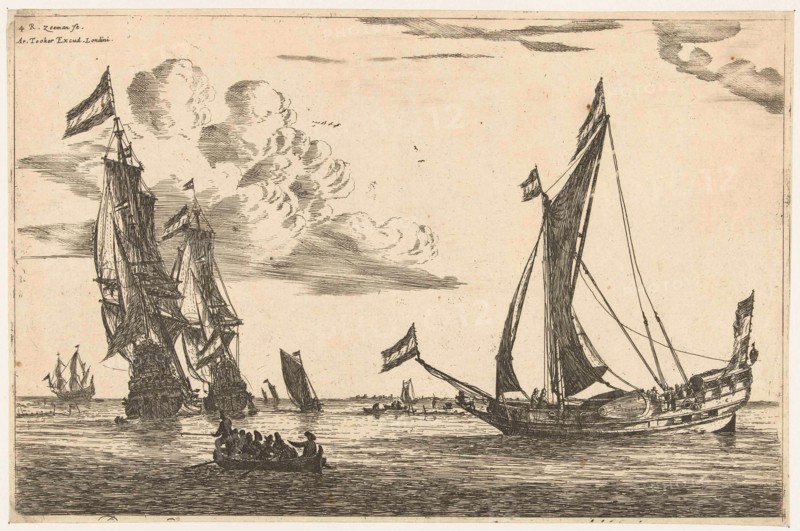 Two warships and hunting, print maker: Reinier Nooms, Arthur Tooker, 1650 - 1675