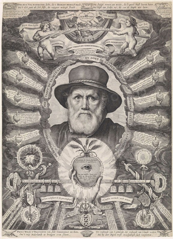 Portrait of Dirck Volckertsz Coornhert in allegorical frame, print maker: Theodor Matham, 1647 - 1650