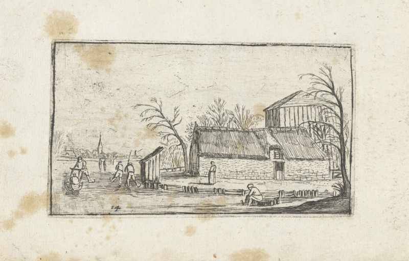 Frozen river with skaters on a farm, Esaias van de Velde, Anonymous, Johannes Pietersz. Berendrecht, 1610 - 1617