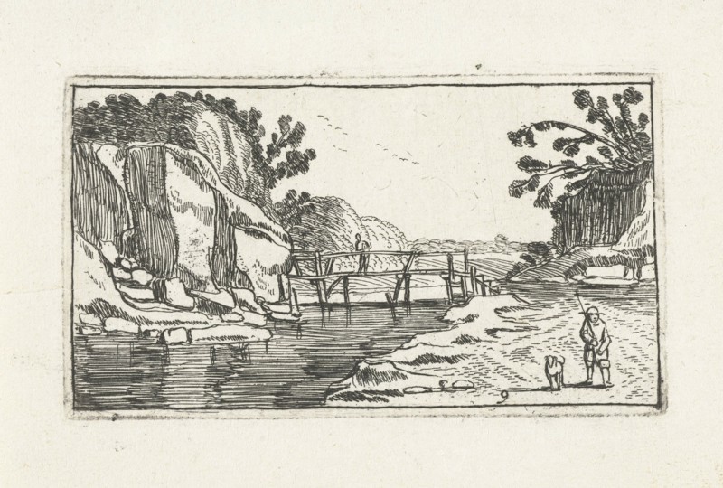 Rocky Landscape with road along river, Esaias van de Velde, print maker: Anonymous, Johannes Pietersz. Berendrecht, 1610 - 1617