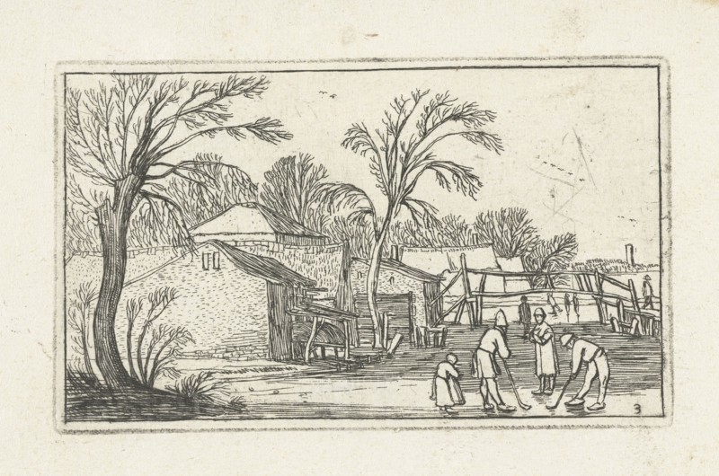 Skaters and kolf players, Kolven, on the ice near farms, Esaias van de Velde, Anonymous, Johannes Pietersz. Berendrecht, 1610 - 1617