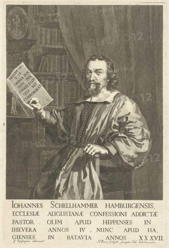 Portrait of Pastor Johannes Schellhammer, sitting at a desk, print maker: Hendrik Bary (mentioned on object), Dating 1681