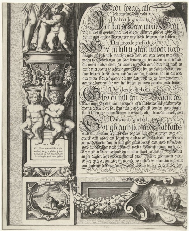 Moses and Aaron with the Tablets of the Law (leaf left), Simon Frisius, Gerard Valck, 1670 - 1726