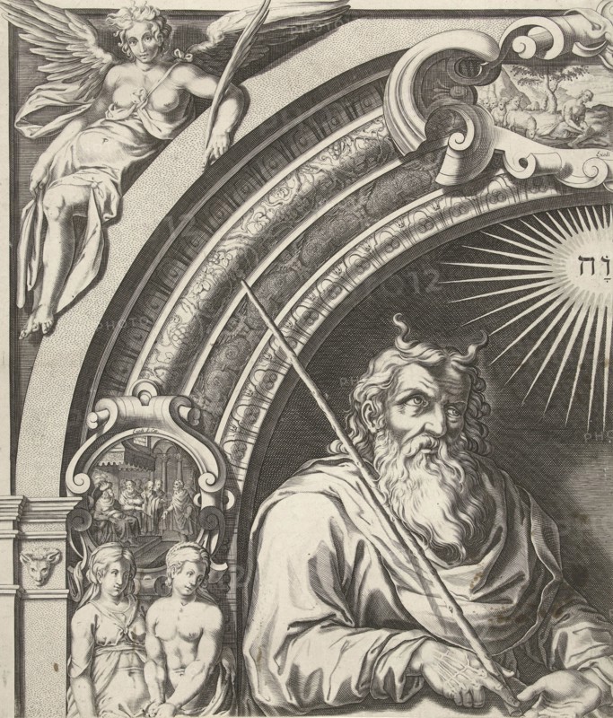 Moses and Aron with the Tablets of the Law (leaf left), Simon Frisius, Gerard Valck, 1670 - 1726