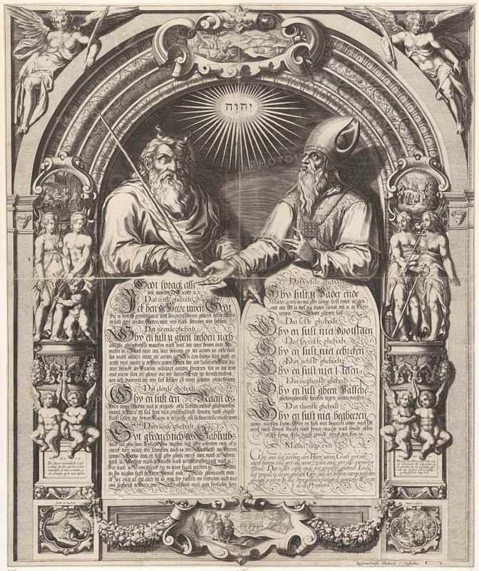 Moses and Aaron with the Tablets of the Law, Simon Frisius, Gerard Valck, 1670 - 1726