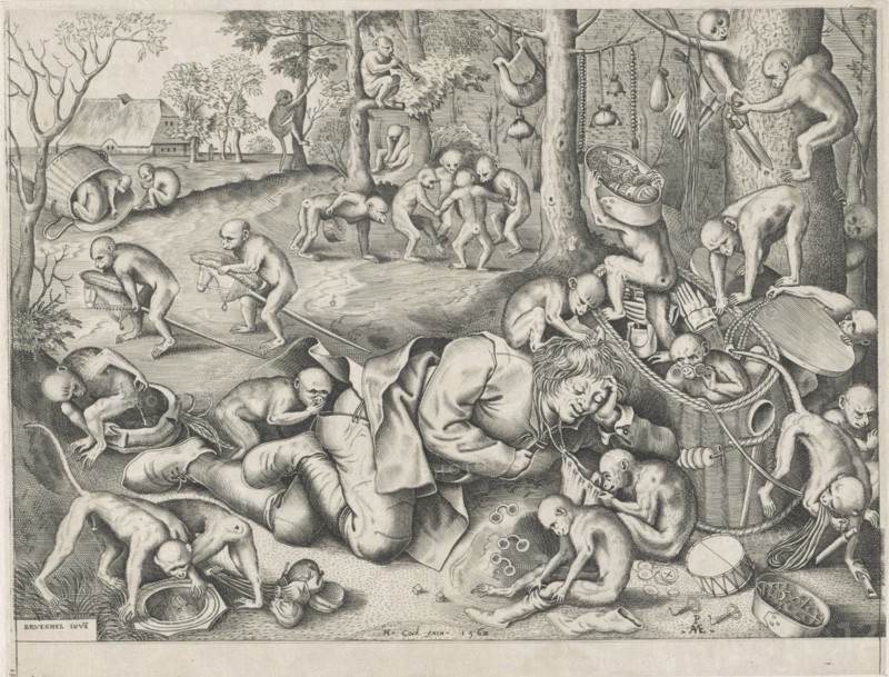 Peddler robbed by monkeys, Pieter van der Heyden, Hieronymus Cock, 1562