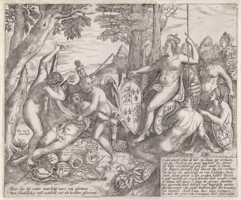 Allegorical cartoon which the personifications of Truth and Time reveal the nest where the pope hatching all kinds of conspiracies in the form of monsters, this in the form of the story of the discovery of the pregnancy of Callisto by the goddess Diana and her nymphs, Right Elizabeth I, Queen of England and the virgins province of Holland, Zeeland, Gelderland and Friesland, print maker: Pieter van der Heyden (mentioned on object), Dating 1584 - 1585