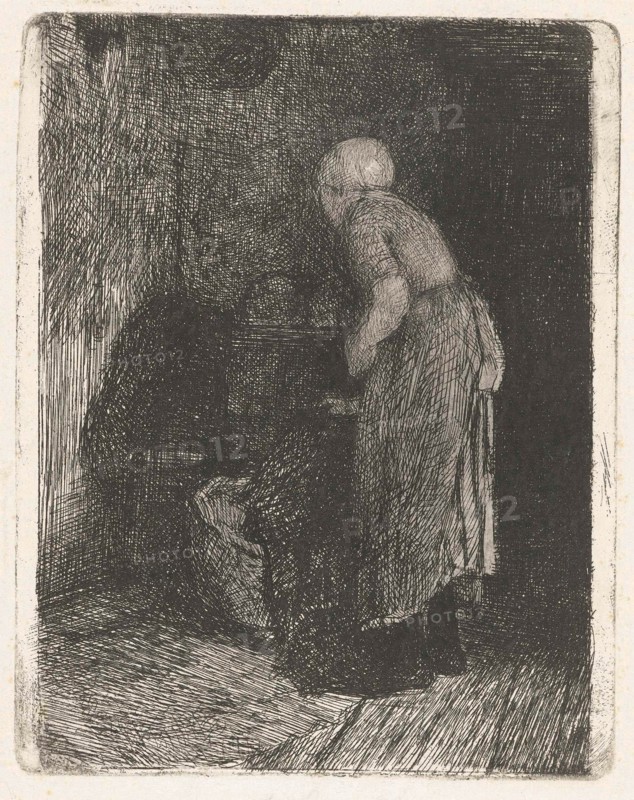 Woman looking in a crib, Bernardus Johannes Blommers, 1855 - 1914