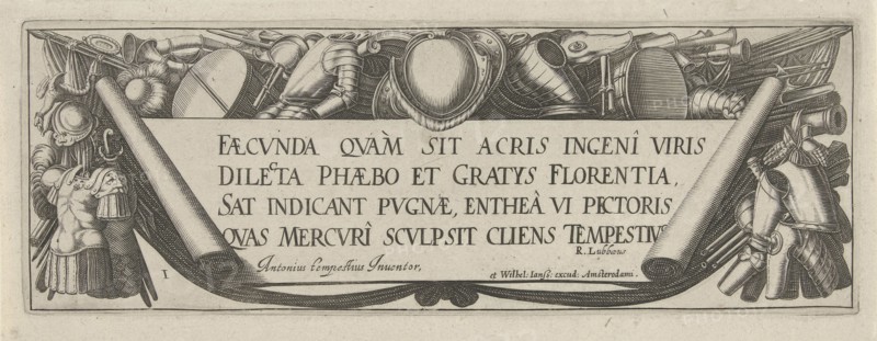 Wrapping surrounded by militaria, print maker: Simon Frisius, Antonio Tempesta, R. Lubbaeus, 1608 - 1639