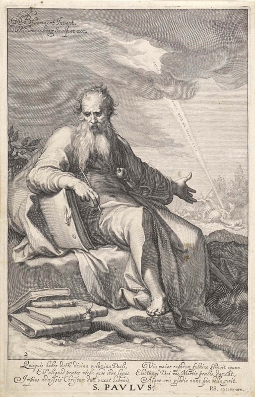 Paul in a landscape, he leans on a book and holding a pen, against his leg resting a sword. Before him lies a pile of books. In the distance is the conversion of Paul imagined, in which a beam from heaven with the Latin translation of the words of Christ, Saul, why are you persecuting me 'gets into a group of soldiers and Paul falling from his horse, print maker: Willem Isaacsz. van Swanenburg (mentioned on object), Dating 1609 - 1611