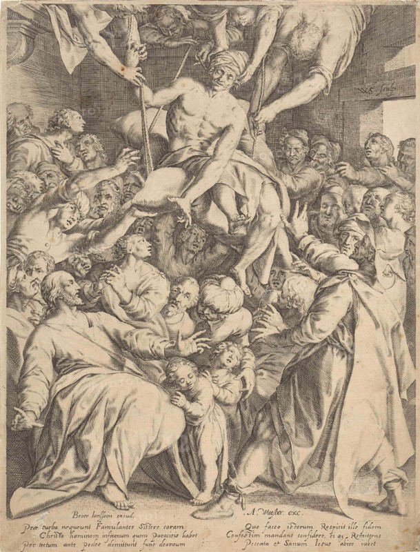 Cripple lowered through the roof to Christ, print maker: Willem Isaacsz. van Swanenburg, Broer Jansz Amsterdam, Abraham van Waesbergen, 1624 - 1639