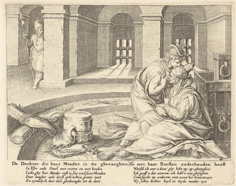 A daughter suckles her mother in jail, Zacharias Dolendo, Jacob de Gheyn (II), Claes Jansz. Visscher (II), after 1615 - before c. 1652