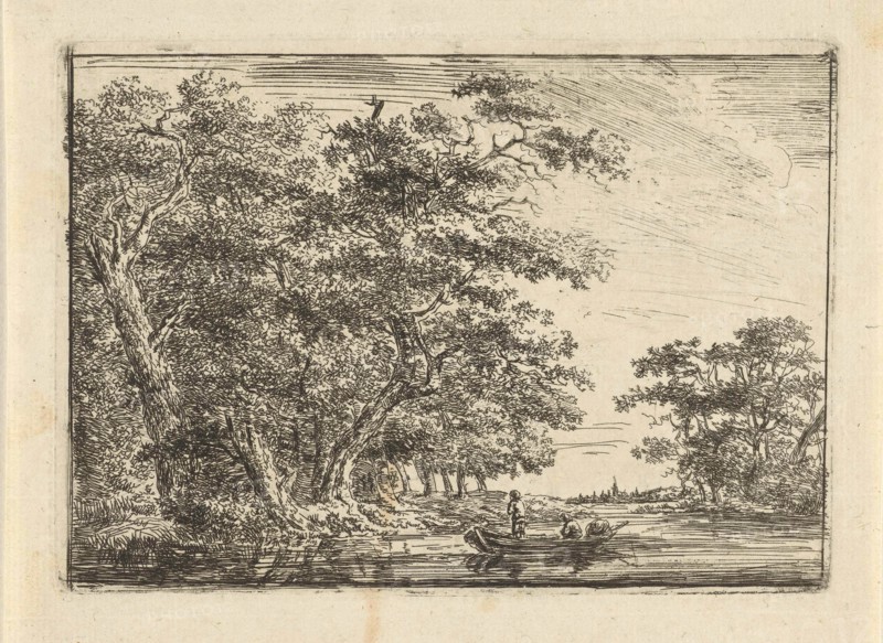 Fishermen in boat to wooded shore, Hermanus van Brussel, c. 1800 - in or before 1815