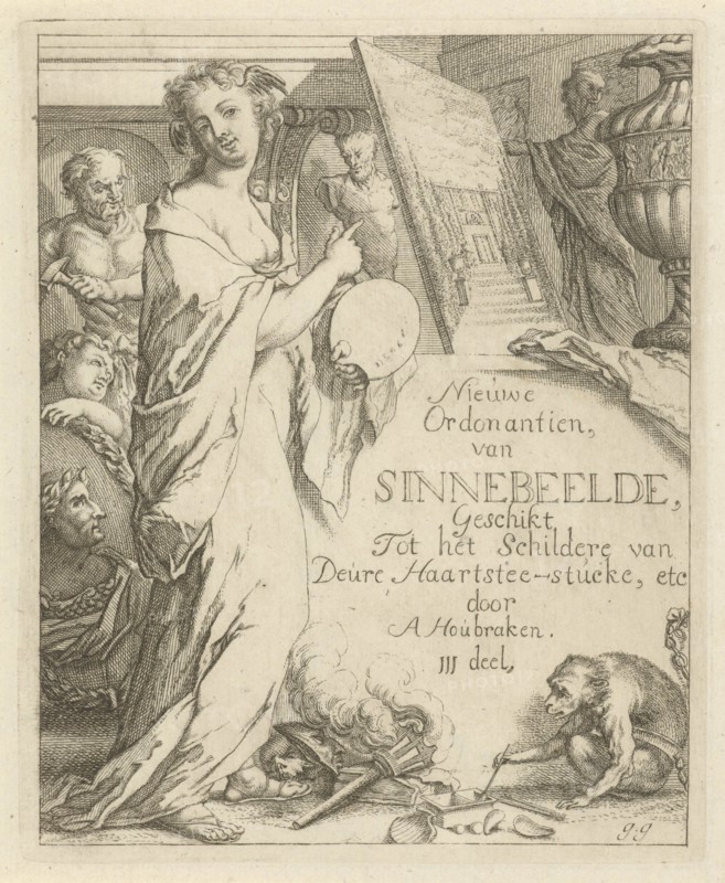 Female Figure with palette pointing at a painting, Arnold Houbraken, Anonymous, 1700-1750