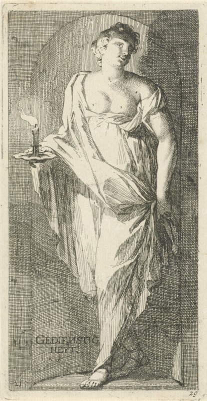 A female figure as the personification of obsequiousness in a niche, with her right hand in a candle holder with a burning candle, print maker: Arnold Houbraken, Dating 1710 - 1719