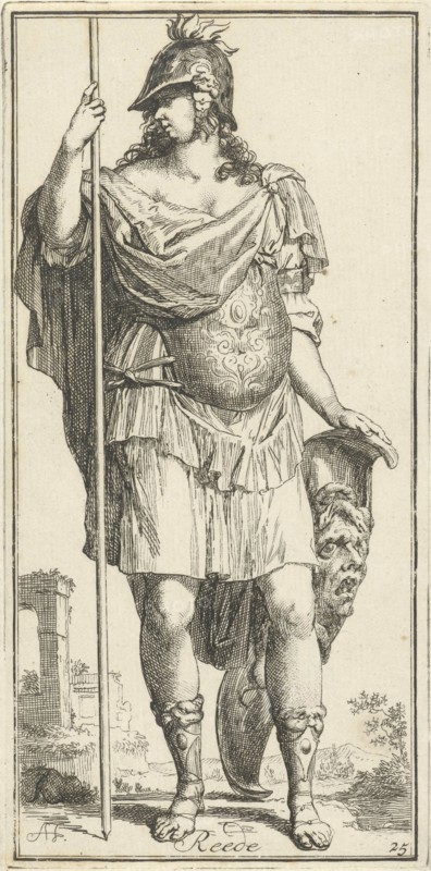 Minerva as a personification of reason, print maker: Arnold Houbraken, Leonard Schenk, 1710 - 1719
