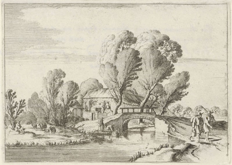 In a wooded landscape two hikers walking on a path along a canal, Behind the bridge over the canal is a farm, print maker: Gillis van Scheyndel (I), Dating 1631 - 1653