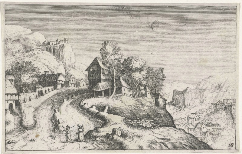 Village in a mountain landscape, Matthijs Bril, Josse van Liere, Hendrick Hondius (I), 1614
