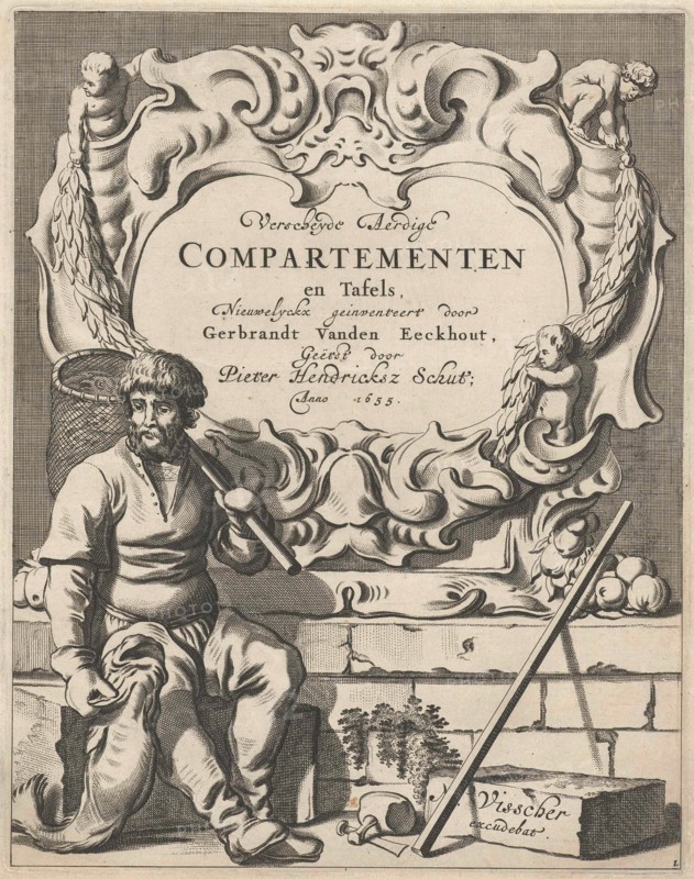 Cartouche with lobe ornament with a fisherman, print maker: Pieter Hendricksz. Schut, Gerbrand van den Eeckhout, Nicolaes Visscher I, 1655