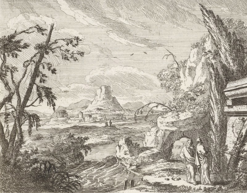 Landscape with mountains and ruinous buildings, Anonymous, 1701 - 1751