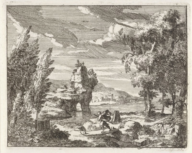 A river landscape with travelers, Anonymous, 1701
