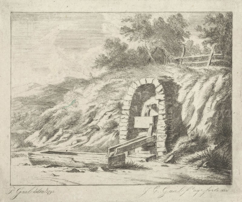 Drinking bowl with water through wooden pipes from rock, Jacobus Cornelis Gaal, 1854