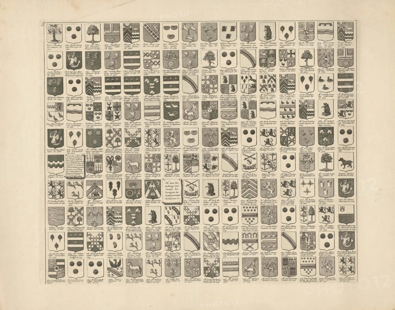 Weapon card with arms and names of the Heren Veertigen van Delft, print maker: Hendrik de Leth, 1738