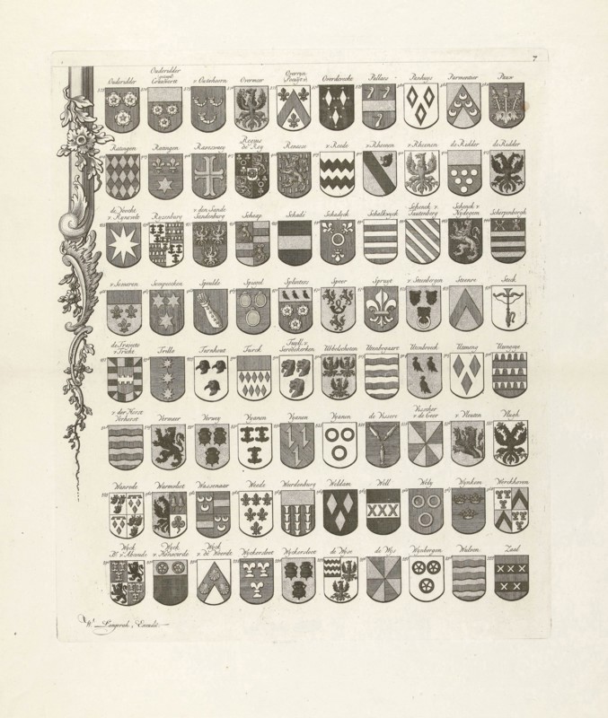 Lower left leaf of a set of nine prints, all with weapons of ancient lineages from Utrecht, The Netherlands, print maker: Johannes van Hiltrop, Dating 1769