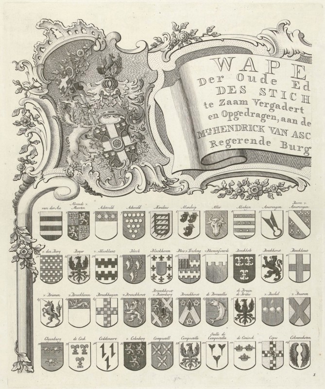Coat of arms map of ancient families of Utrecht, The Netherlands, sheet top left, Johannes van Hiltrop, 1769