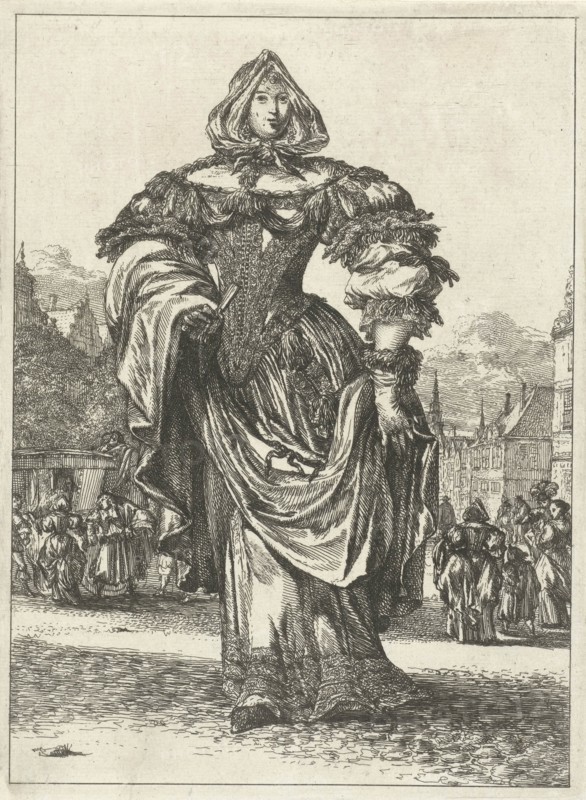 Lady in dress from the series Figures Ã  la mode, Romeyn de Hooghe, 1670 - 1685