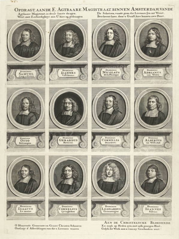 Left half with twelve portraits of a total of twenty-four ministers of Amsterdam, active between 1681-1686, print maker: Anonymous, P. van Opoeteren, 1686