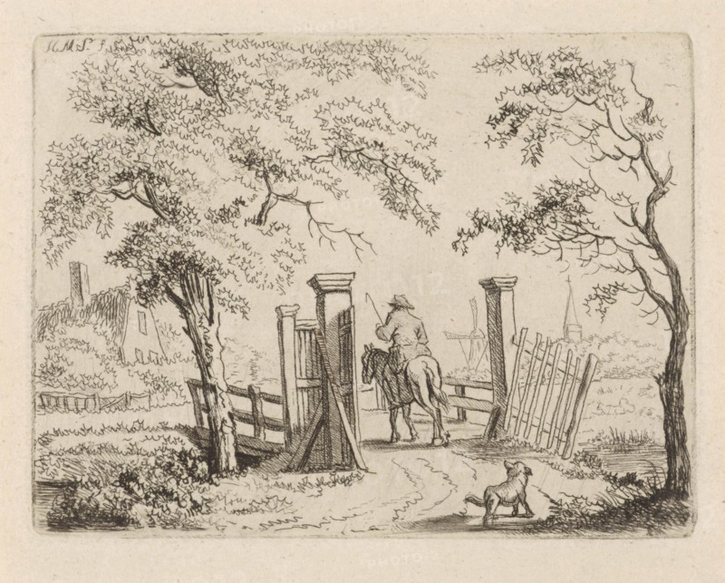 Rider with dog at a bridge, Hendrik Marcus Schouten, 1810
