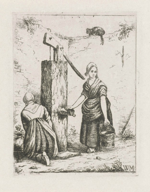 Two women at a water pump, Christiaan Wilhelmus Moorrees, 1811 - 1867