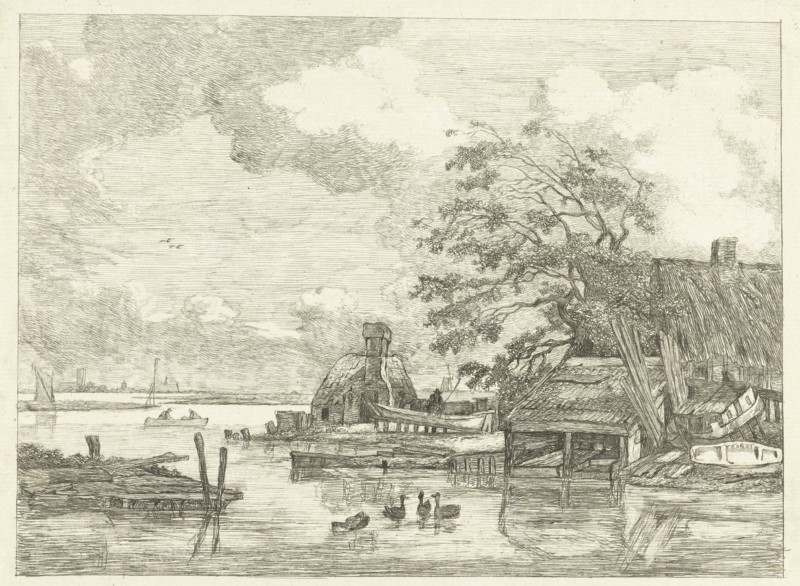 View of the Spaarne with shipyard and wash house in Haarlem, The Netherlands, Albertus Brondgeest, 1796 - 1849